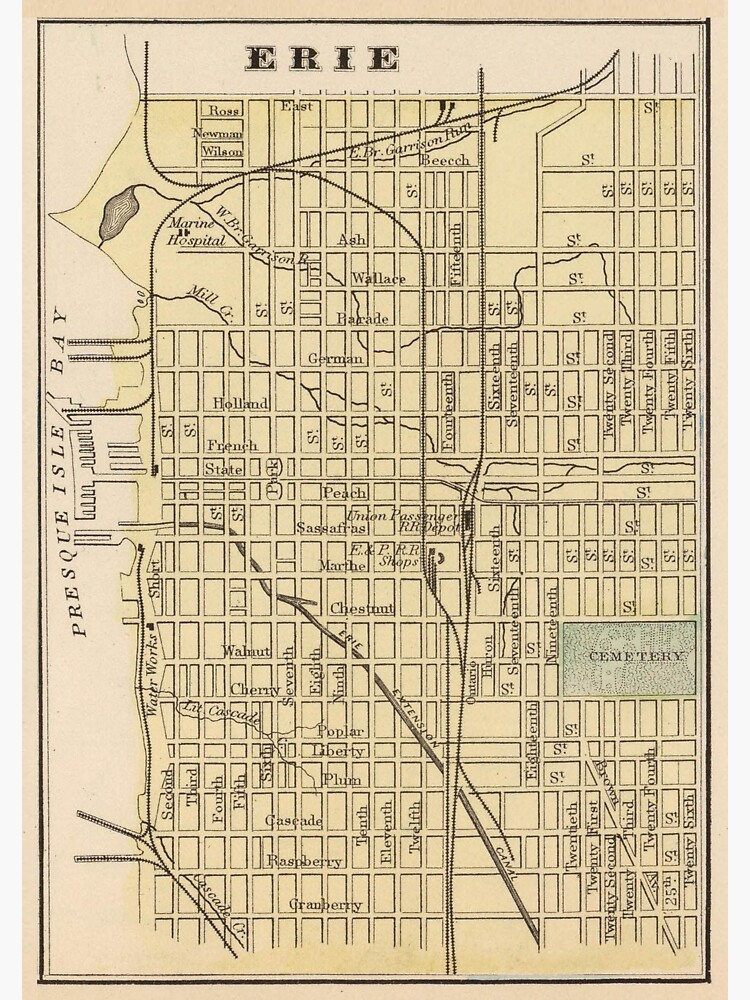 "Vintage Map of Erie PA (1890)" Sticker by BravuraMedia Redbubble