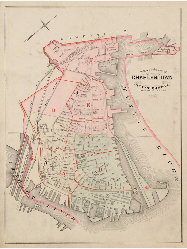 "Vintage Map of Charlestown MA (1885)" Sticker by BravuraMedia Redbubble