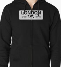 London Ontario with World Map Coordinates GPS Zipped Hoodie