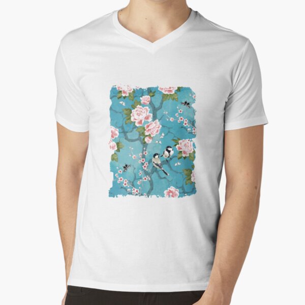Chinoiserie birds in turquoise blue V-Neck T-Shirt
