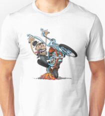 Funny biker riding a chopper, popping a wheelie motorcycle cartoon Unisex T-Shirt