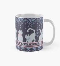 Fair Isle Knitting Cats Love // dark violet background white and violet kitties and details Mug