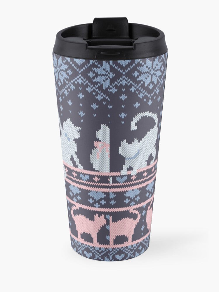 Alternate view of Fair Isle Knitting Cats Love // dark violet background white and violet kitties and details Travel Mug