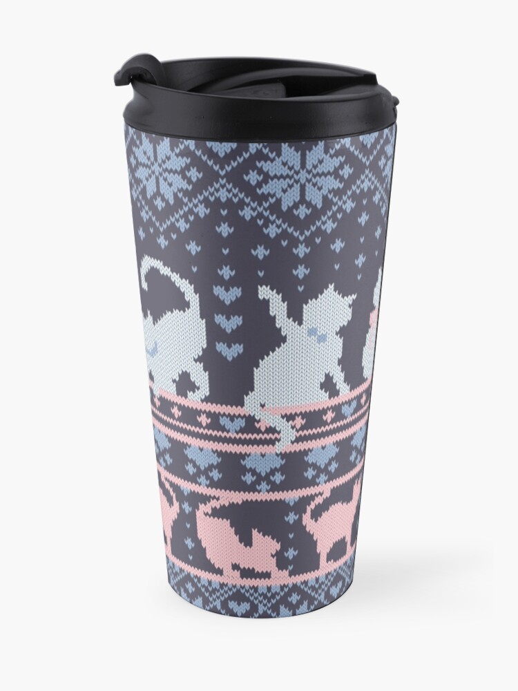 Alternate view of Fair Isle Knitting Cats Love // dark violet background white and violet kitties and details Travel Mug