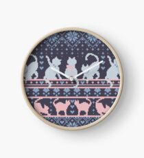 Fair Isle Knitting Cats Love // dark violet background white and violet kitties and details Clock
