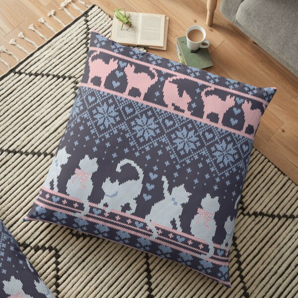 Fair Isle Knitting Cats Love // dark violet background white and violet kitties and details Floor Pillow