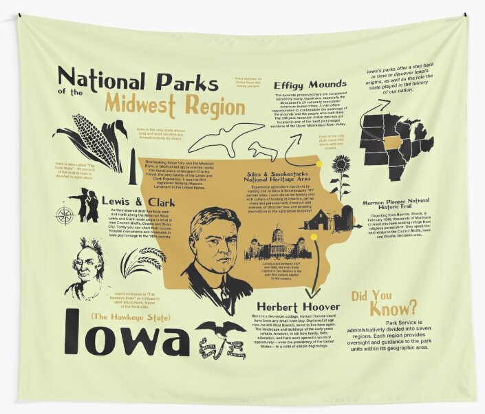 "Iowa National Parks Infographic Map" Wall Tapestries by BravuraMedia 