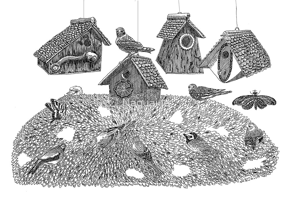 Birdhouses, pen and ink drawing, recycled materials by Naquaiya
