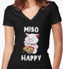 'Miso Happy' Funny Japanese Cat Miso Women's Fitted V-Neck T-Shirt