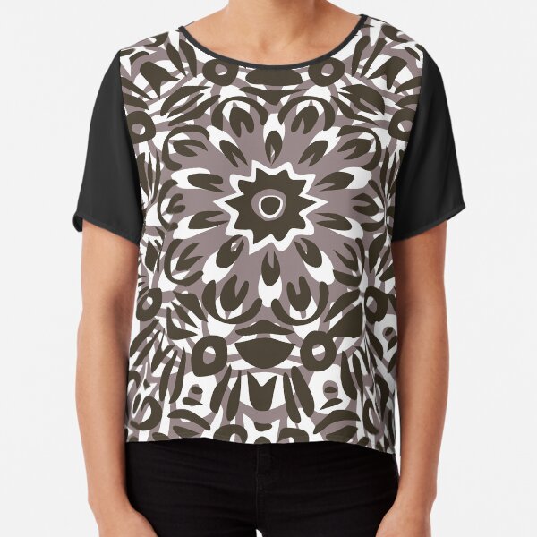 Grey, White & Black Flower Burst Mandala Chiffon Top