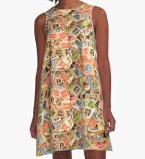 Old British Postage Stamps Background A-Line Dress