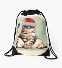 Distressed Funny vintage photo cat wearing a Christmas hat Drawstring Bag