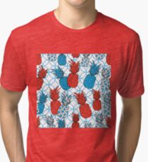 Pineapple Gallery-Fruit Delight. Seamless Repeat Pattern illustration.Background in Blue,Red and white Tri-blend T-Shirt