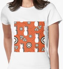 Pineapple Retro-Fruit Delight. Seamless Repeat Pattern Background in Orange White and Brown . Women's Fitted T-Shirt