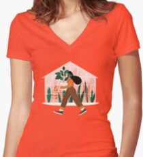 Beautiful girl with plant in pot Women's Fitted V-Neck T-Shirt