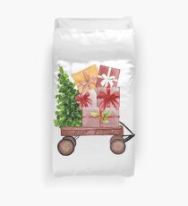 Red Christmas Wagon with Tree and Presents Duvet Cover