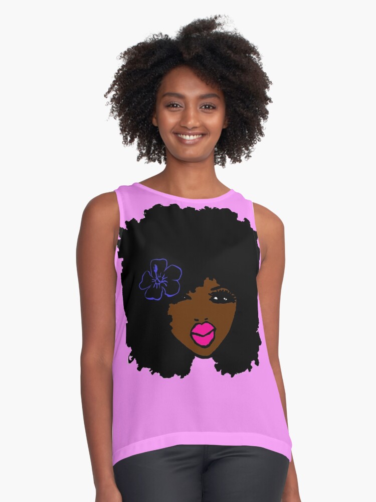 Brown Skin Afro Curly Natural Hair Flower Girl Pink Lipstick Sleeveless Top By Ellendaisyshop