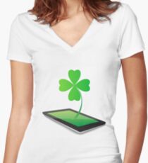 Four- leaf clover - Irish shamrock St Patrick s Day symbol. Green glass clover on white background Women's Fitted V-Neck T-Shirt