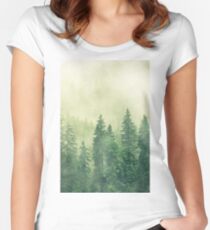 Fog coniferous art, fog forest prints, cloud mountain, hazy pine forest Fitted Scoop T-Shirt