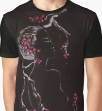 Beautiful nude asian woman embraced by the blooming sakura branch artistic painting on black art print Graphic T-Shirt