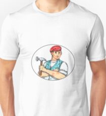 Vintage Carpenter Holding Hammer Mono Line Unisex T-Shirt