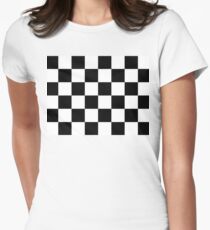 Zielflagge, Zielflagge, Motorsport, Schachbrettmuster, Muster, GEWINNEN, SIEGER, Rennwagen, Rennen, Ziellinie, SCHWARZ Tailliertes T-Shirt für Frauen