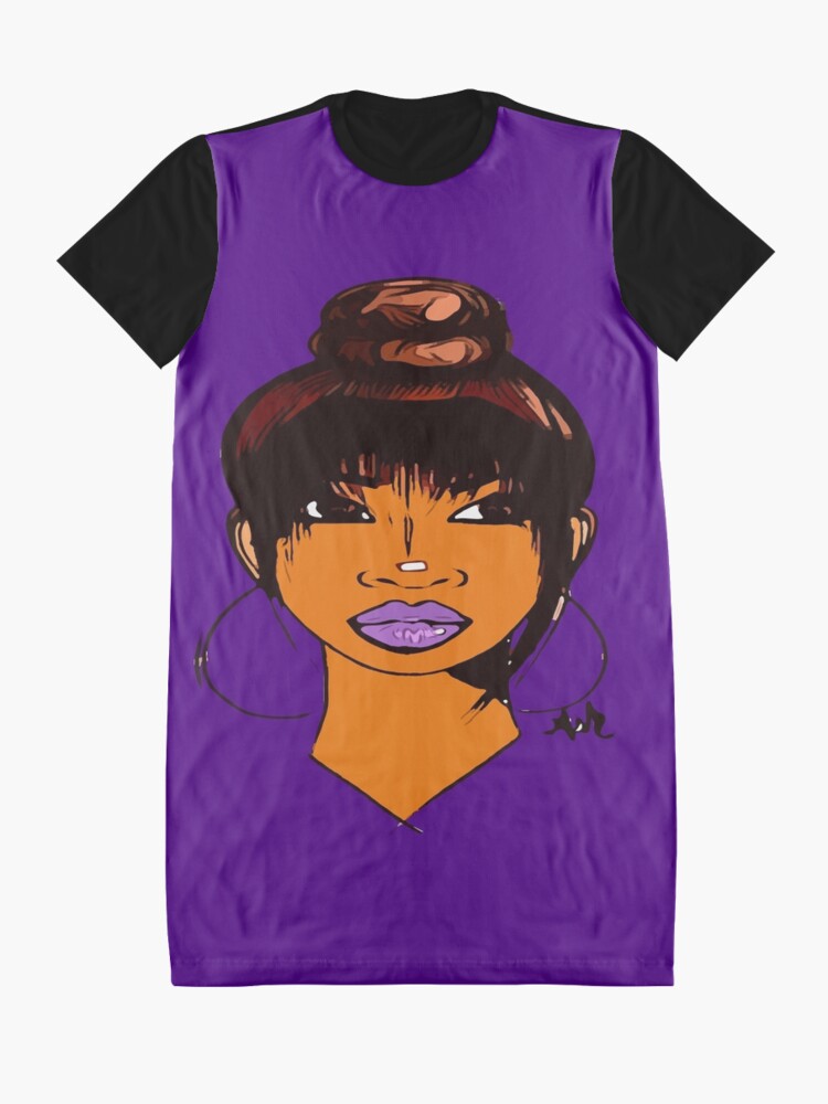 Alternate view of Pretty Girl Cute HairStyle Earrings With Purple Lipstick Graphic T-Shirt Dress