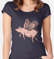 Funny Magical Flying Pig Drawing Women's Fitted Scoop T-Shirt