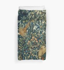 GREENERY, FOREST ANIMALS Pheasant and Fox Blue Green Floral Tapestry Duvet Cover