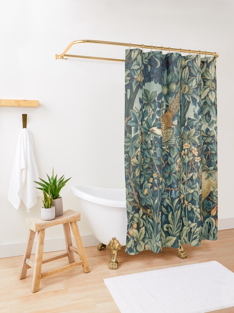 Alternate view of GREENERY, FOREST ANIMALS Pheasant and Fox Blue Green Floral Tapestry Shower Curtain
