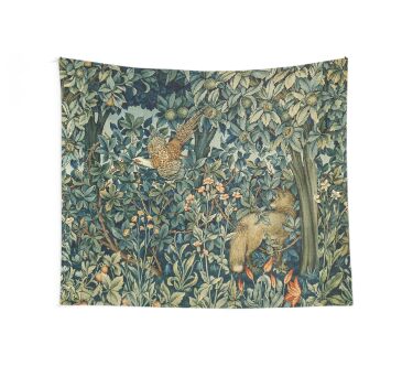GREENERY, FOREST ANIMALS Pheasant and Fox Blue Green Floral Tapestry Wall Tapestry