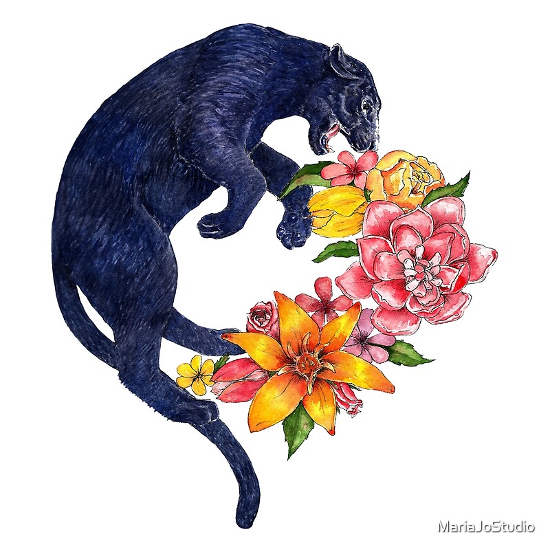 ""Beautifully Fierce" Black Panther and Flowers" by MariaJoStudio