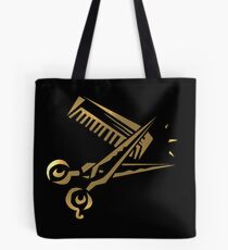 golden scissors and comb in black Tote Bag