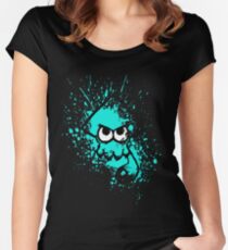 Splatoon Black Squid with Blank Eyes on Cyan Splatter Mask Women's Fitted Scoop T-Shirt