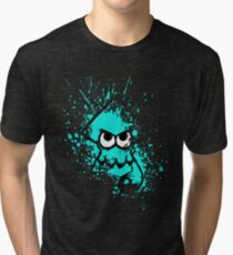 Splatoon Black Squid with Blank Eyes on Cyan Splatter Mask Tri-blend T-Shirt