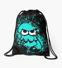 Splatoon Black Squid with Blank Eyes on Cyan Splatter Mask Drawstring Bag