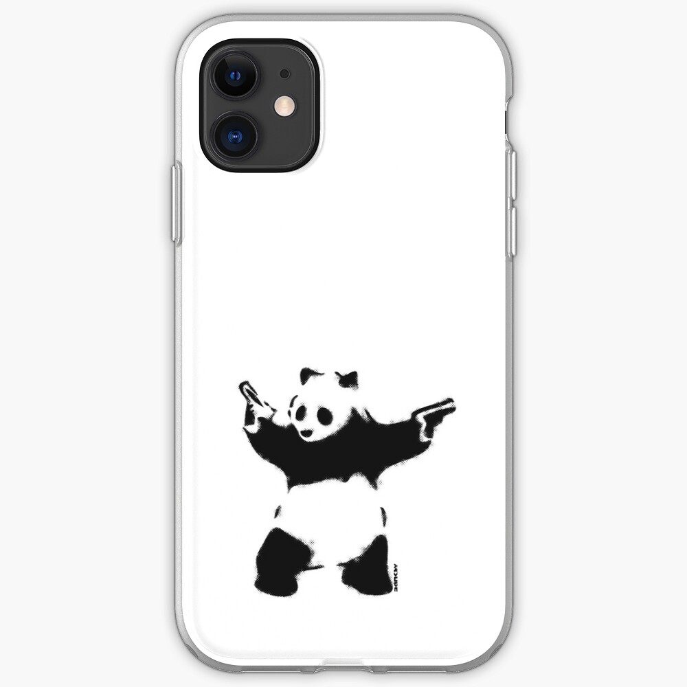 Banksy Panda with guns black and white Graffiti Street art with Banksy signature tag on white background HD HIGH QUALITY ONLINE STORE iPhone Case & Cover