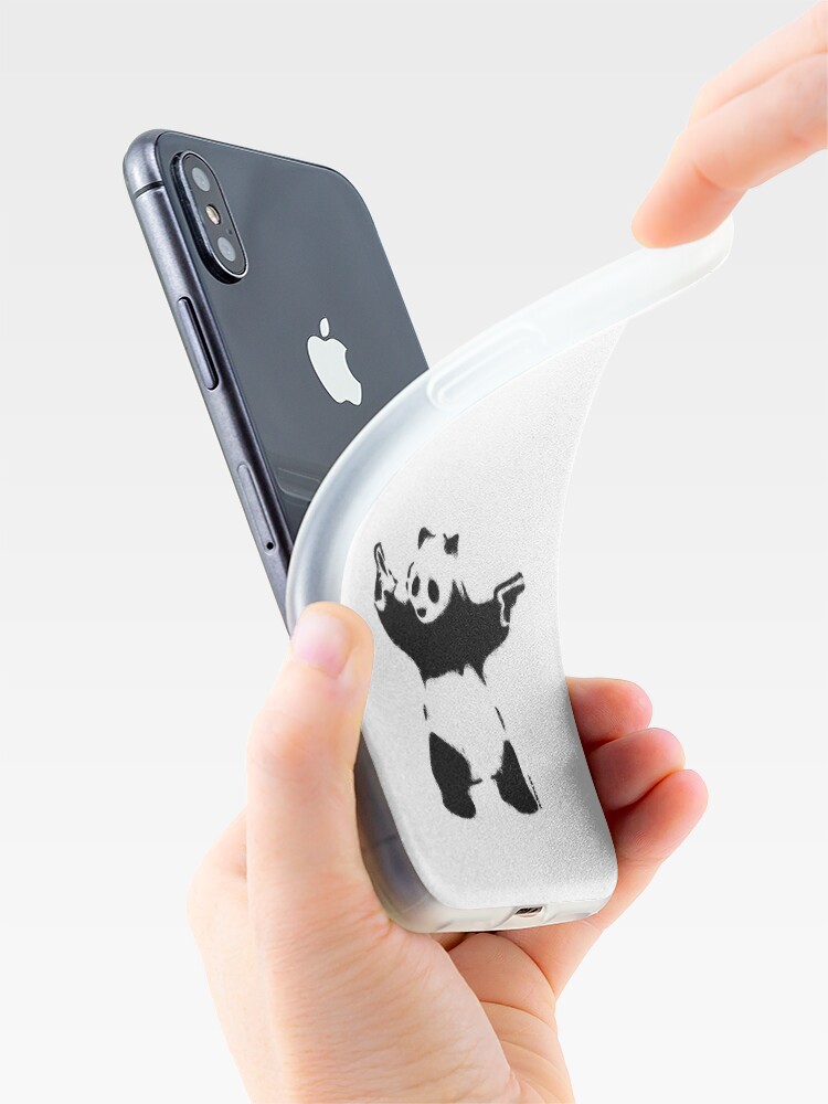 Alternate view of Banksy Panda with guns black and white Graffiti Street art with Banksy signature tag on white background HD HIGH QUALITY ONLINE STORE iPhone Case & Cover