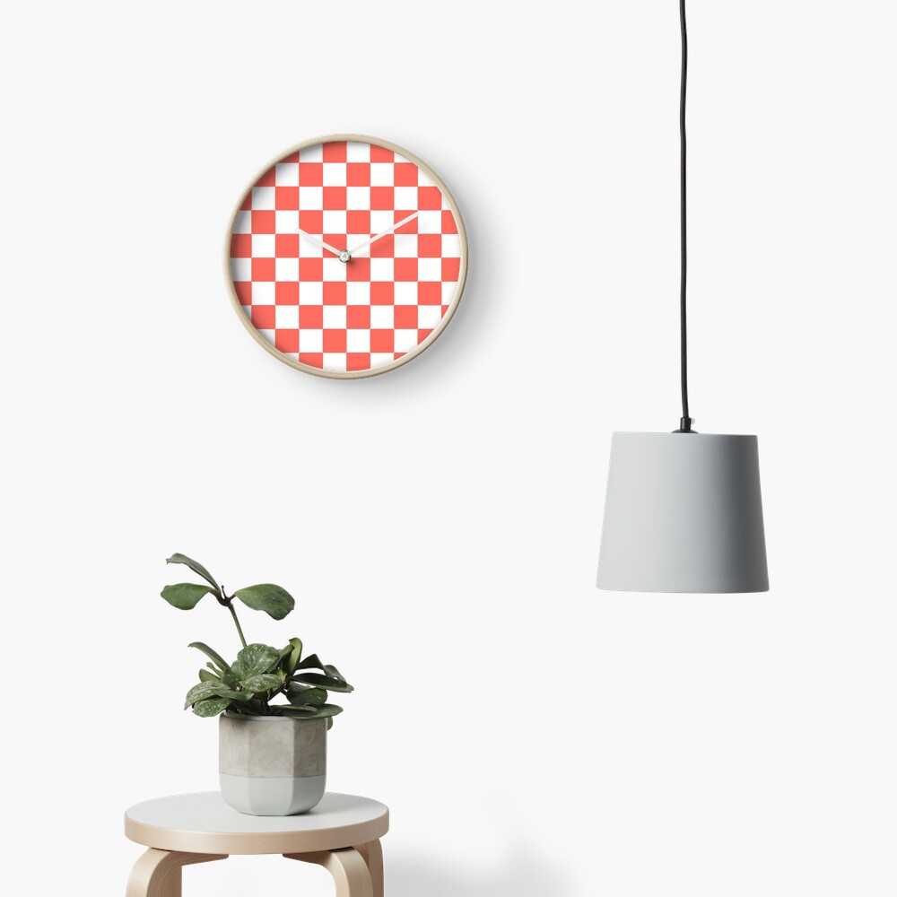 LIVING CORAL CHECK PATTERN WITH WHITE - PANTONE COLOR OF THE YEAR 2019 Clock