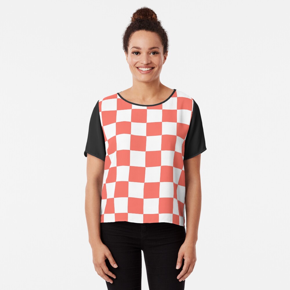 LIVING CORAL CHECK PATTERN WITH WHITE - PANTONE COLOR OF THE YEAR 2019 Chiffon Top