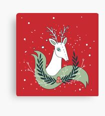 Christmas deer New Year Holiday greeting card Hand drawn Cute and unique design elements Red Green Colors Holidays Celebration Canvas Print