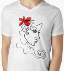 Blumenmädchen - Line Art T-Shirt mit V-Ausschnitt für Männer