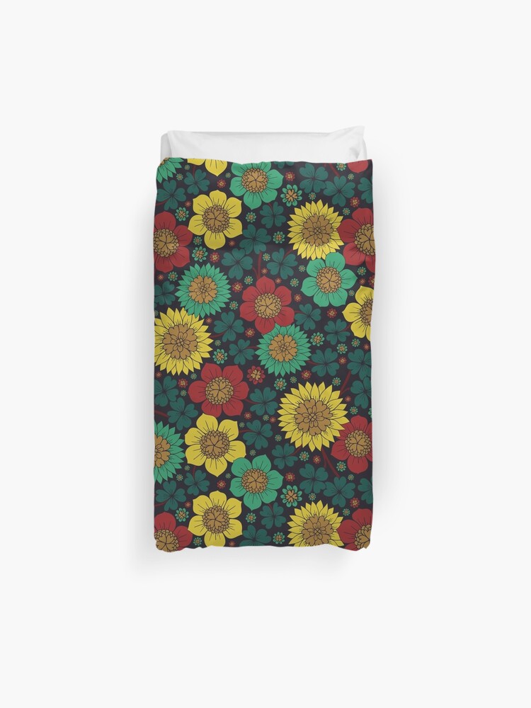 Yellow Red Teal And Navy Blue Flowers Duvet Cover By