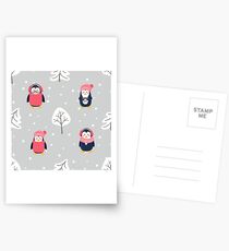Pattern with cute cartoon penguins pine tree and snow Postcards
