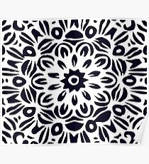 Floral Burst, Dark Blue & White Mandala 2 Poster