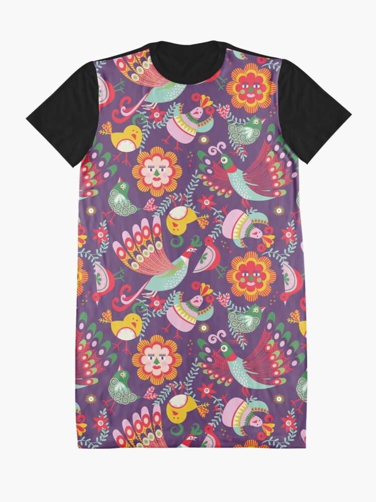 Alternate view of scandinavian folkart birdies | purple Graphic T-Shirt Dress