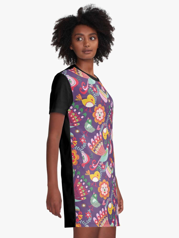 Alternate view of scandinavian folkart birdies | purple Graphic T-Shirt Dress