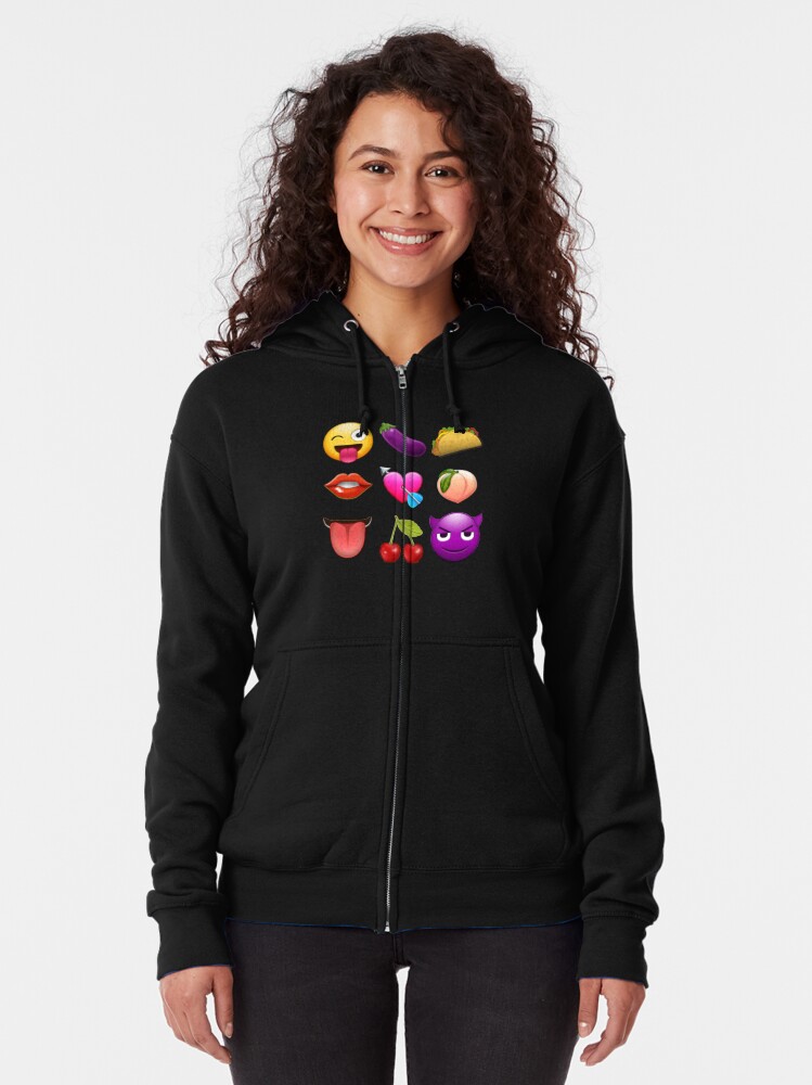 "Naughty emojis eggplant, taco, peach, lips, tongue, wink, horny devil, cherries" Zipped Hoodie