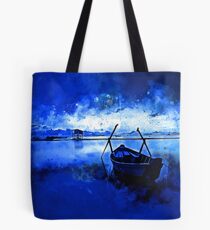 sunrise boat silence watercolor splatters cool blue Tote Bag
