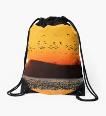 Snow Geese Flying at Sunrise Drawstring Bag